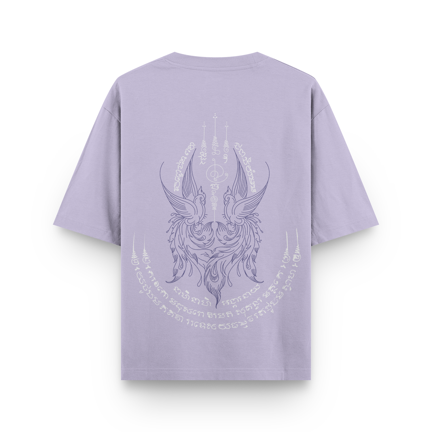 Back view of a lavender oversized unisex T-shirt with Golden Swan Sak Yant print.