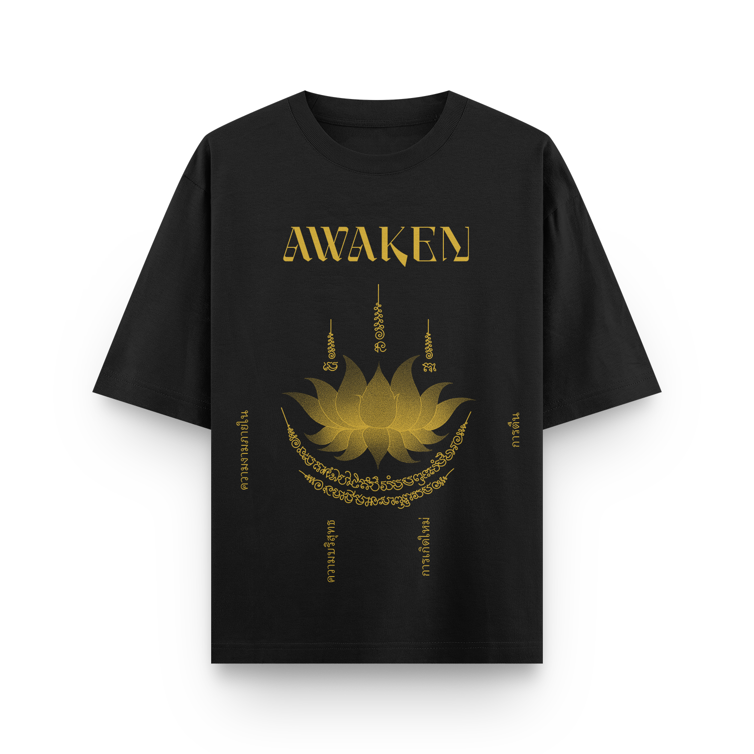 Black t-shirt with 'AWAKEN' text and Dok Bua (lotus) front design.