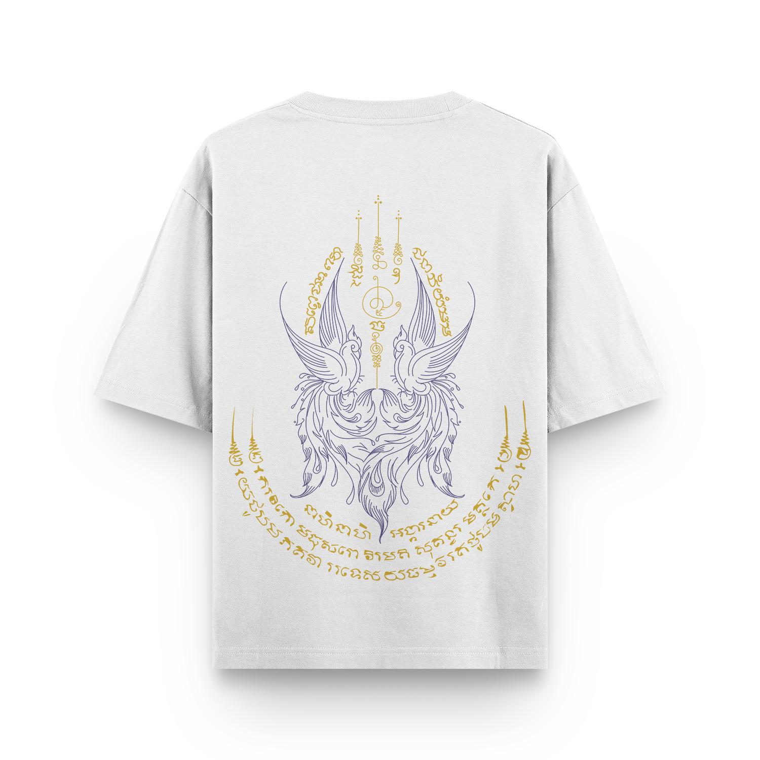 Back view of a white oversized unisex T-shirt with Golden Swan Sak Yant print.