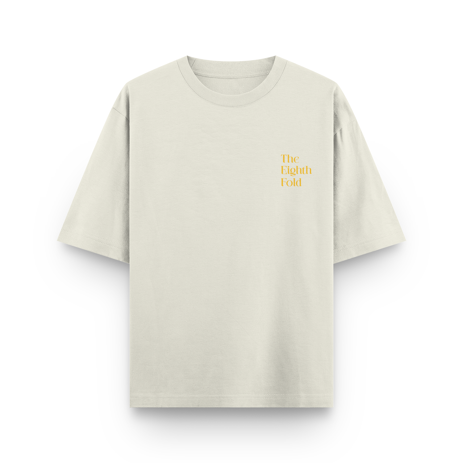Off-white oversized unisex t-shirt with 'The Eighth Fold' logo front design.