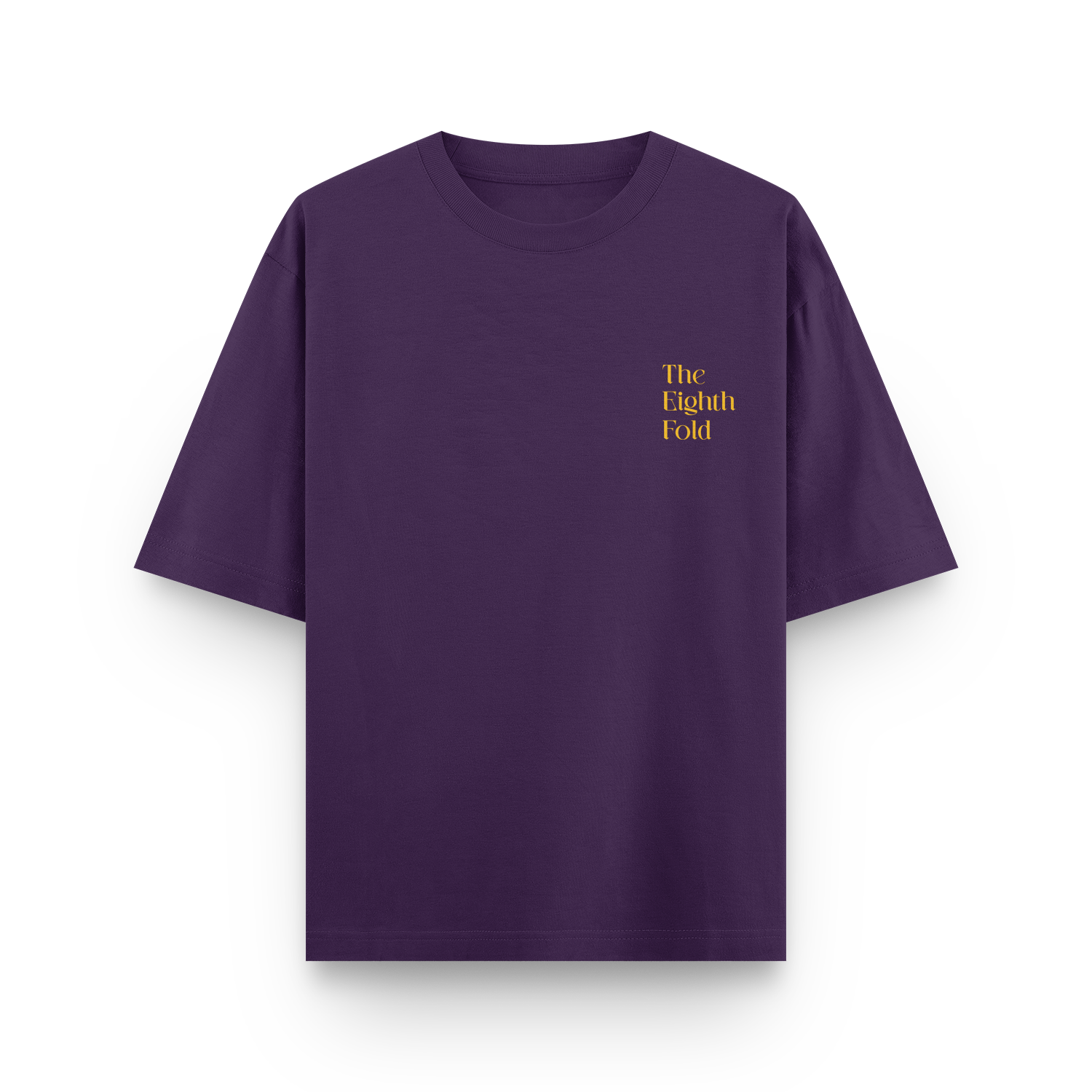 Purple oversized unisex t-shirt with 'The Eighth Fold' logo front design.
