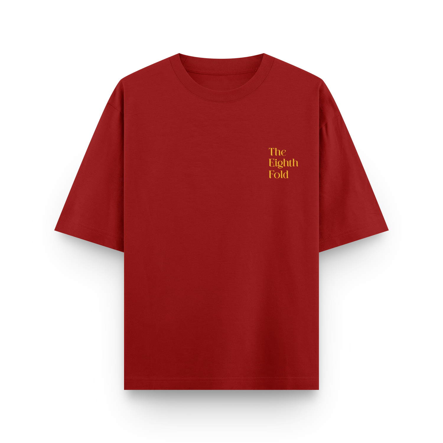 Red oversized unisex t-shirt with 'The Eighth Fold' logo front design.