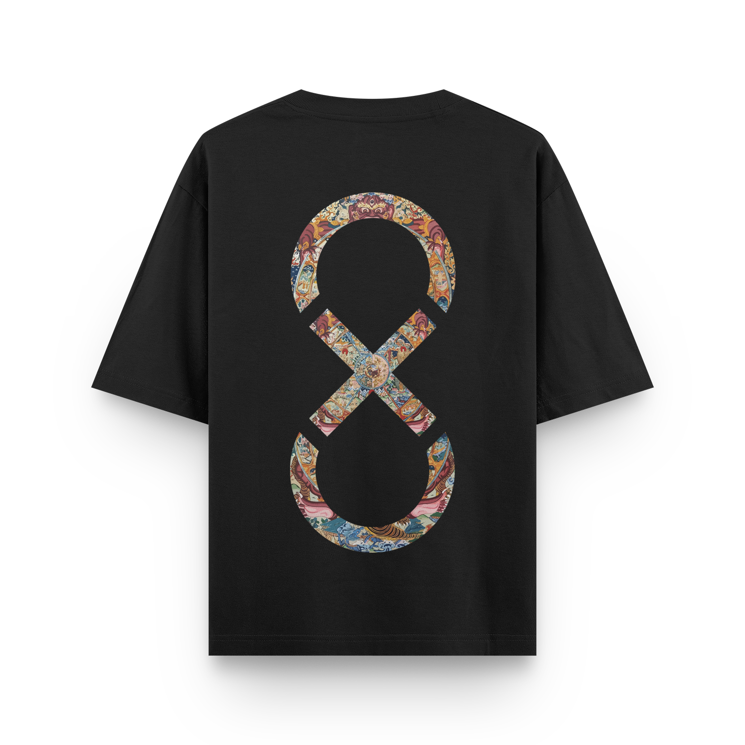 Oversized black unisex T-shirt with The Eighth Fold’s logo layered over the Bhavachakra on the back.