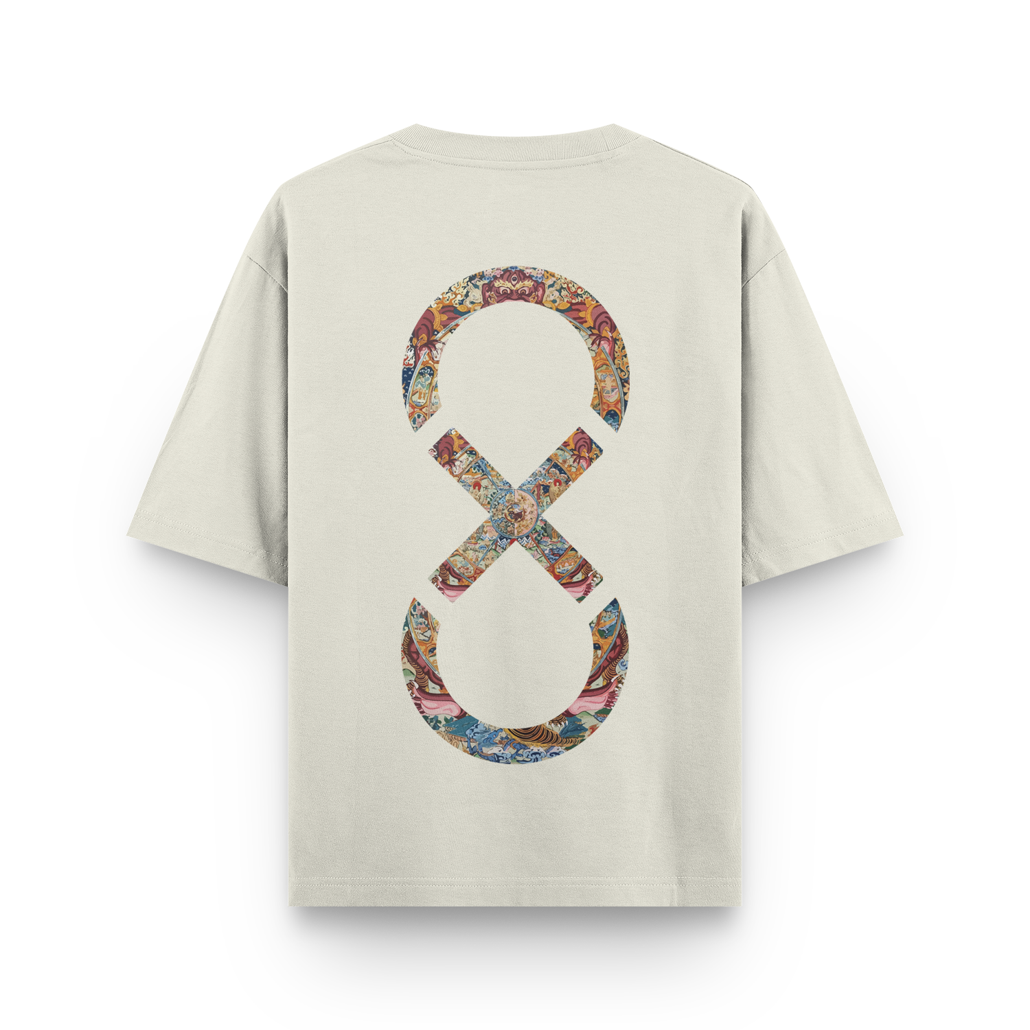 Oversized off-white unisex T-shirt with The Eighth Fold’s logo layered over the Bhavachakra on the back.