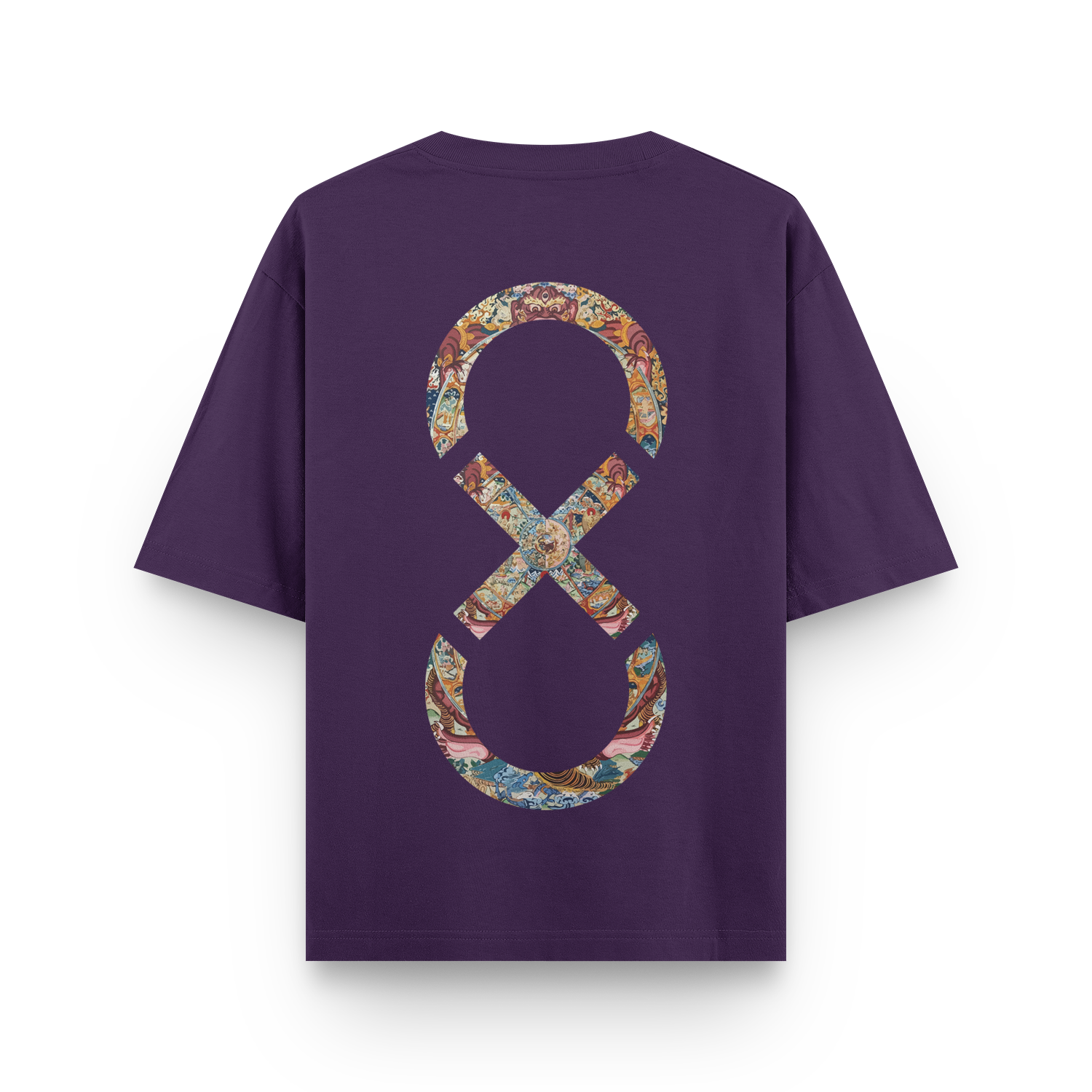 Oversized purple unisex T-shirt with The Eighth Fold’s logo layered over the Bhavachakra on the back.