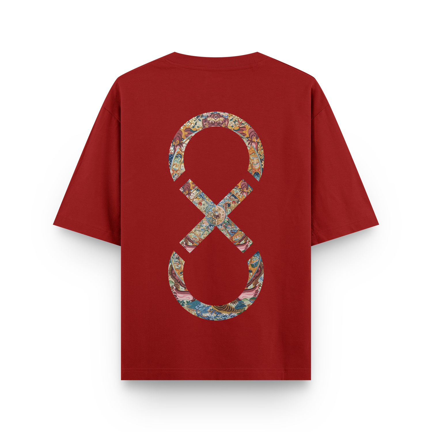 Oversized red unisex T-shirt with The Eighth Fold’s logo layered over the Bhavachakra on the back.
