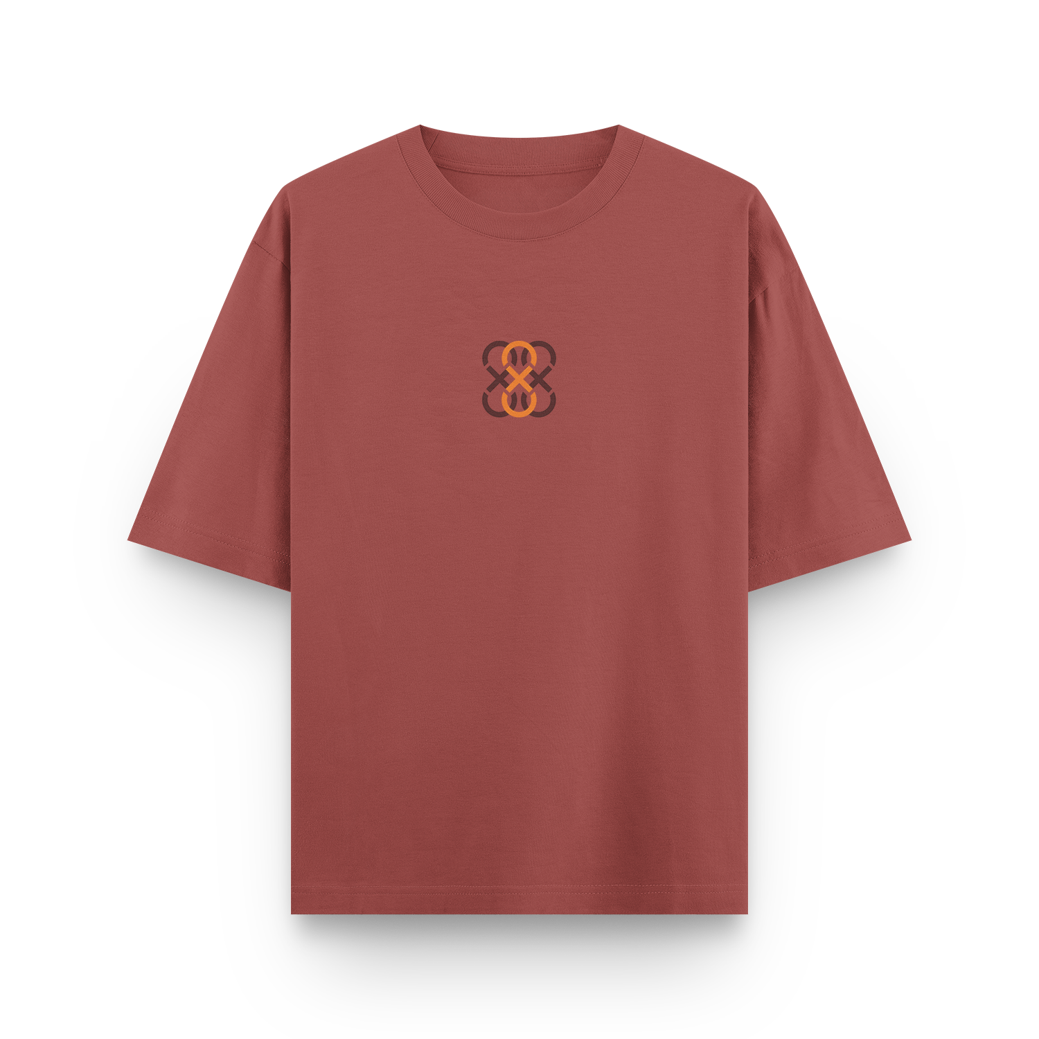 Front view of a coral oversized unisex t-shirt with The Eighth Fold logo.