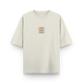 Front view of an oversized off white unisex t-shirt with The Eighth Fold logo.