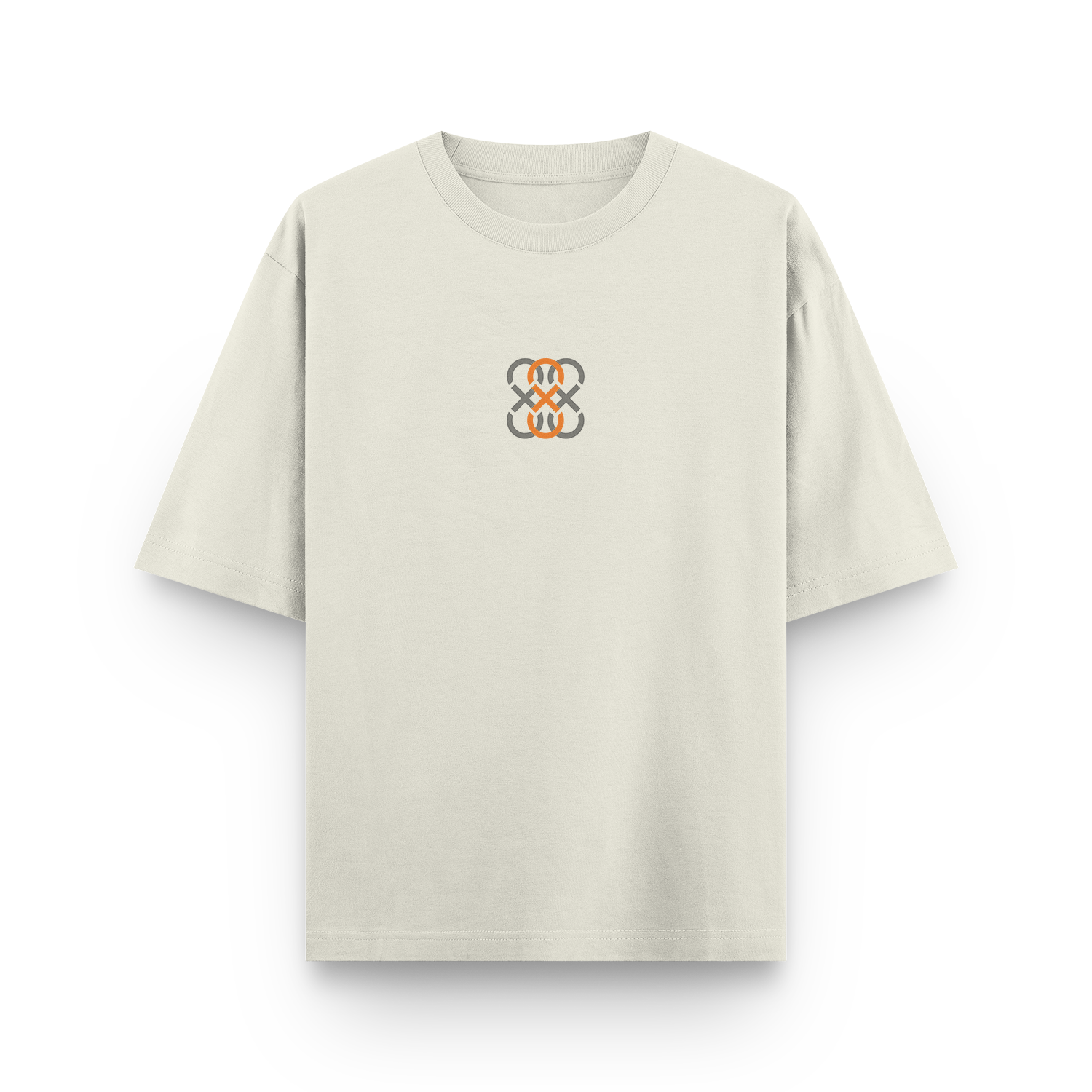 Front view of an oversized off white unisex t-shirt with The Eighth Fold logo.