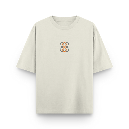 Front view of an oversized off white unisex t-shirt with The Eighth Fold logo.