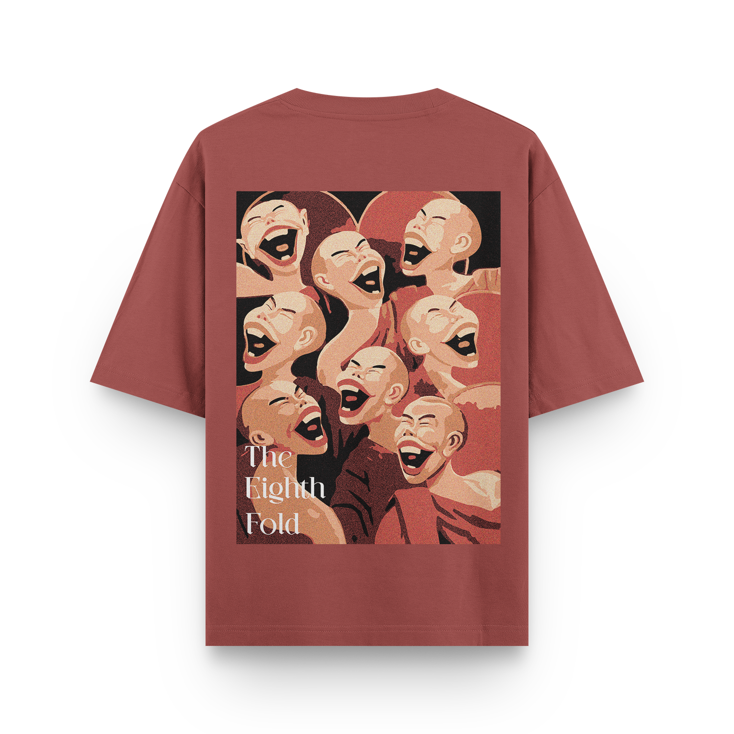 Back view of a coral oversized unisex t-shirt with monk laughter design.