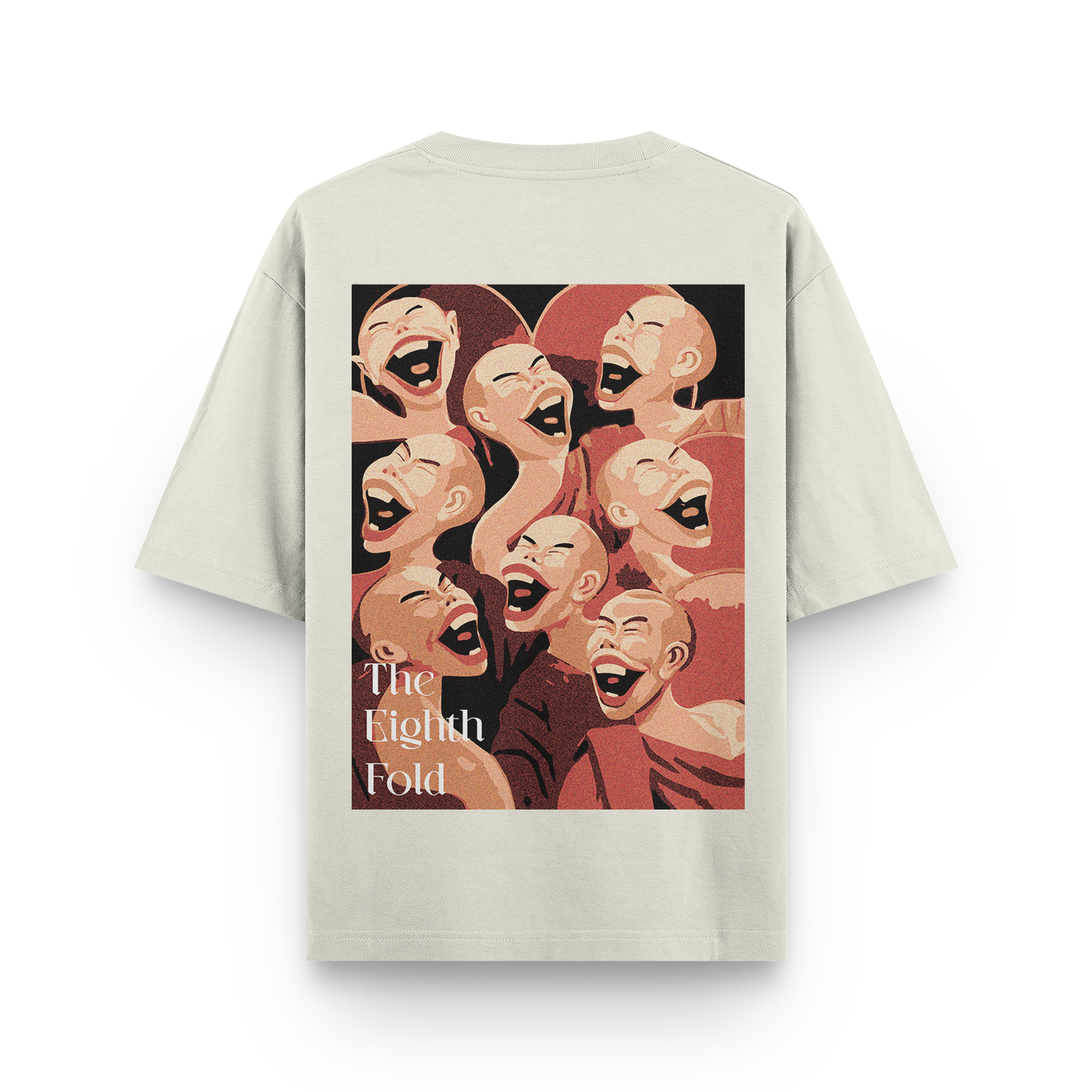 Back view of an off white oversized unisex t-shirt with monk laughter design.