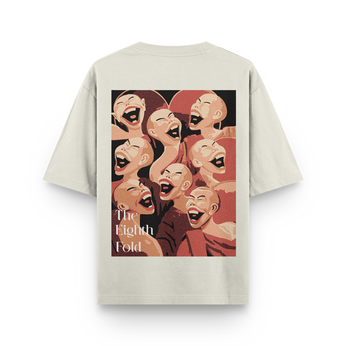 Back view of an off white oversized unisex t-shirt with monk laughter design.