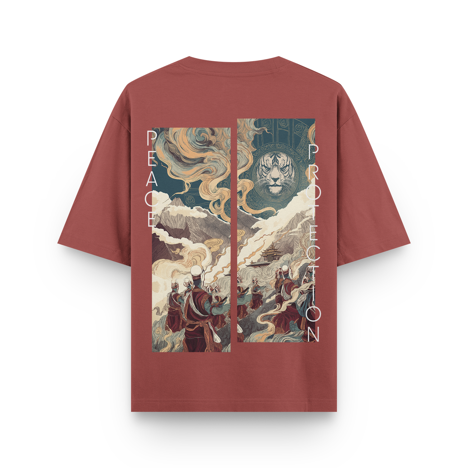 Coral red t-shirt with peace and protection text on the back.