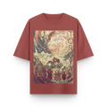 Coral red oversized unisex T-shirt inspired by the Torgya festival, with cultural artwork and text on the front.