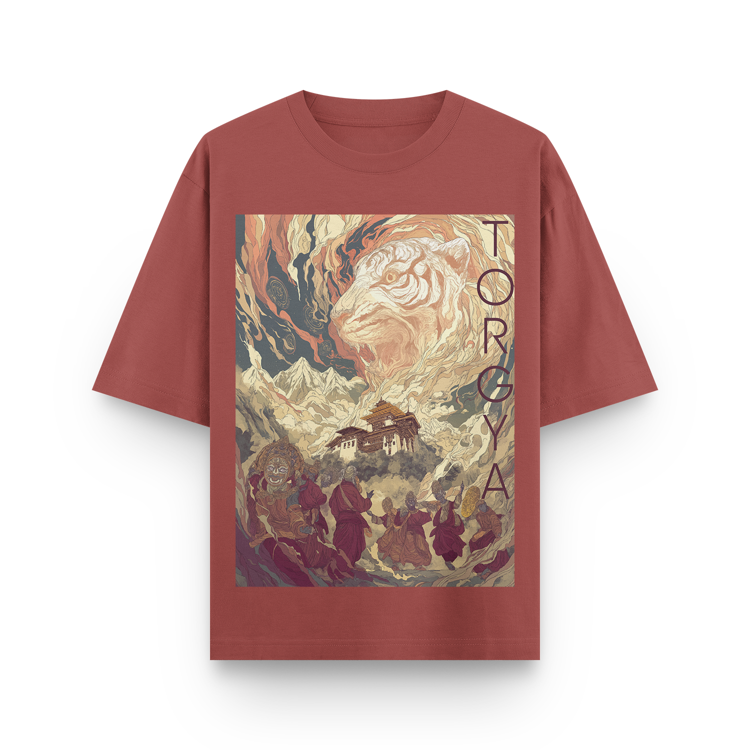Coral red oversized unisex T-shirt inspired by the Torgya festival, with cultural artwork and text on the front.