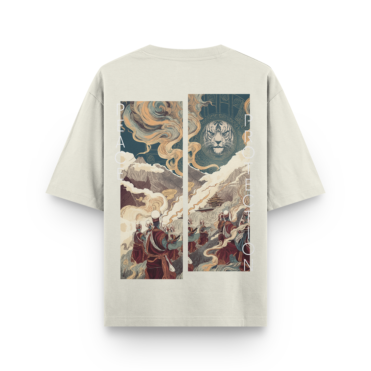 Off white t-shirt with peace and protection text on the back.