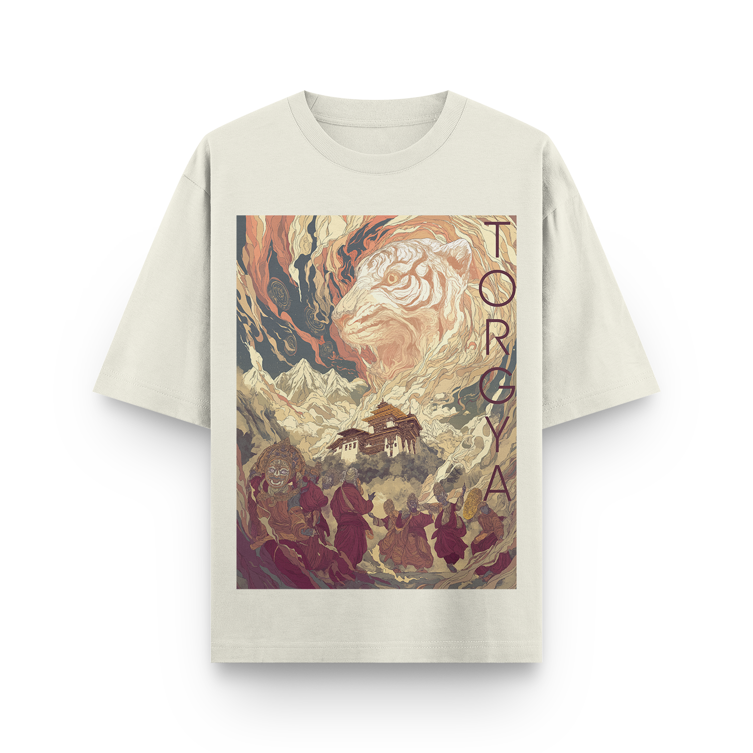 Off white oversized unisex T-shirt inspired by the Torgya festival, with cultural artwork and text on the front.