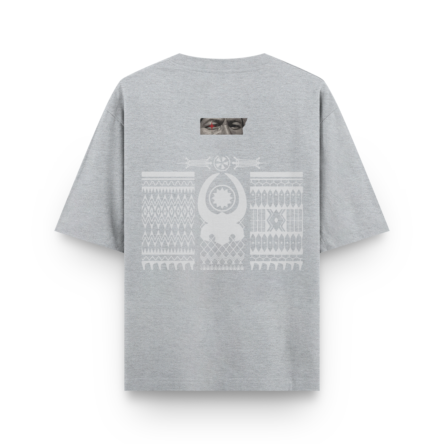 Oversized gray unisex T-shirt with white geometric pattern on the back.