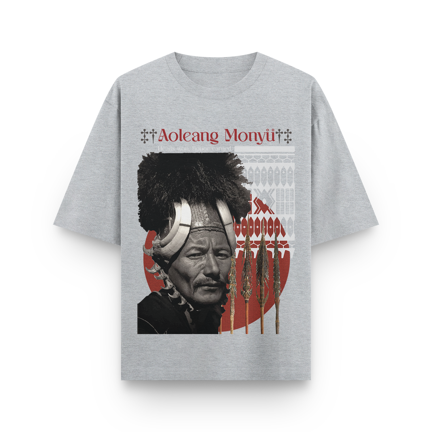 Oversized gray unisex T-shirt with Aoleang Monyu text and an illustrated Konyak Naga tribe man design, inspired by Northeast Indian tribal heritage.