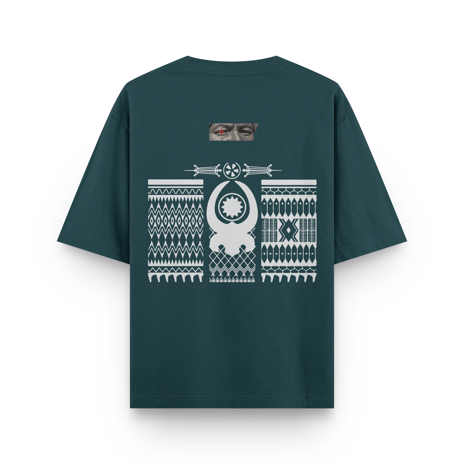 Oversized petrol blue unisex T-shirt with white geometric pattern on the back.