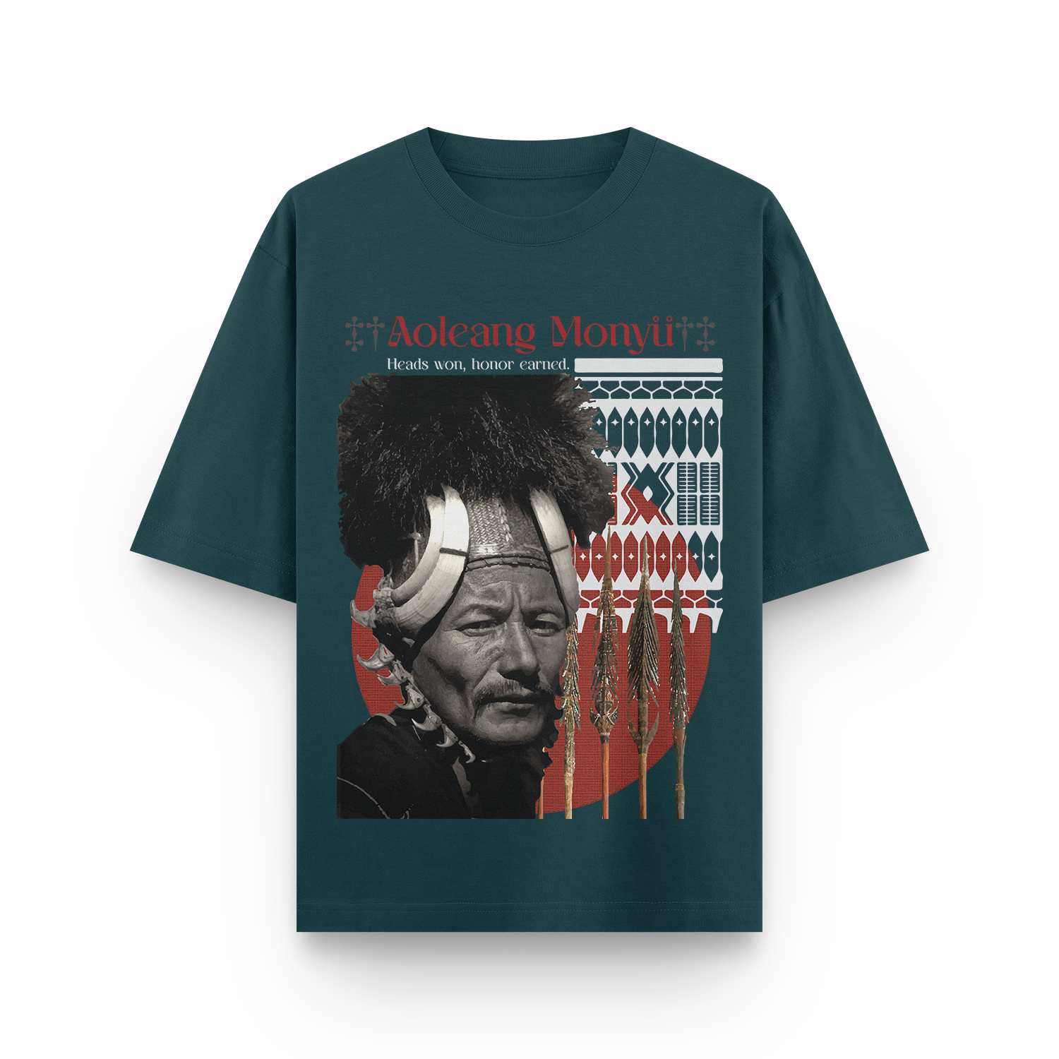 Oversized petrol blue unisex T-shirt with Aoleang Monyu text and an illustrated Konyak Naga tribe man design, inspired by Northeast Indian tribal heritage.