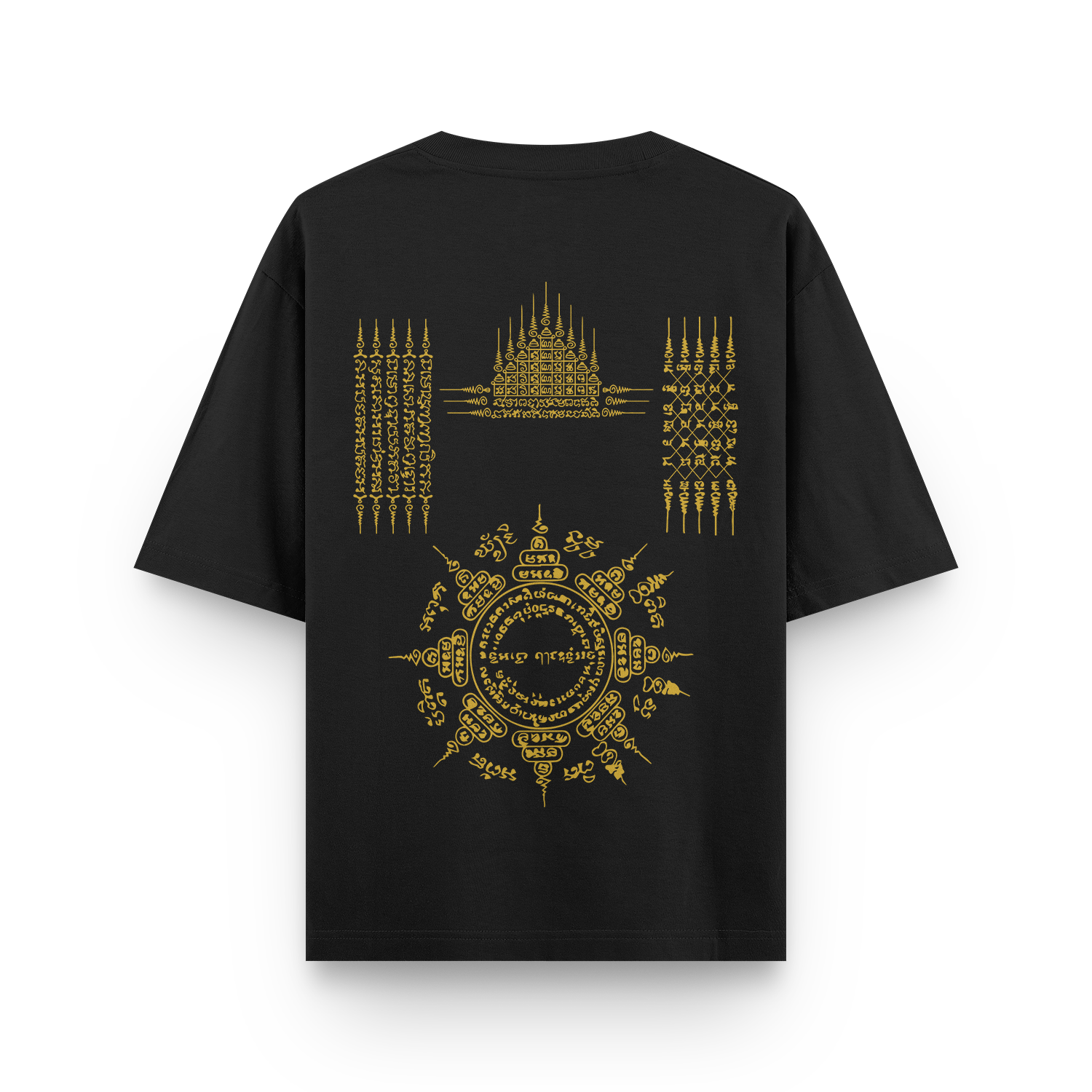 Black oversized unisex T-shirt featuring a bold Sak Yant sacred tattoo-inspired graphic on the back.