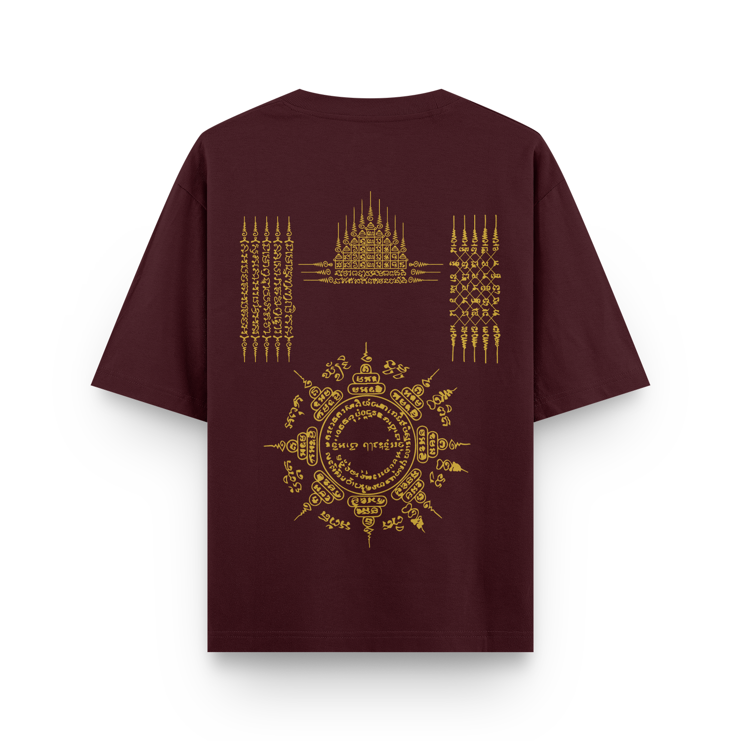 Maroon oversized unisex T-shirt featuring a bold Sak Yant sacred tattoo-inspired graphic on the back.