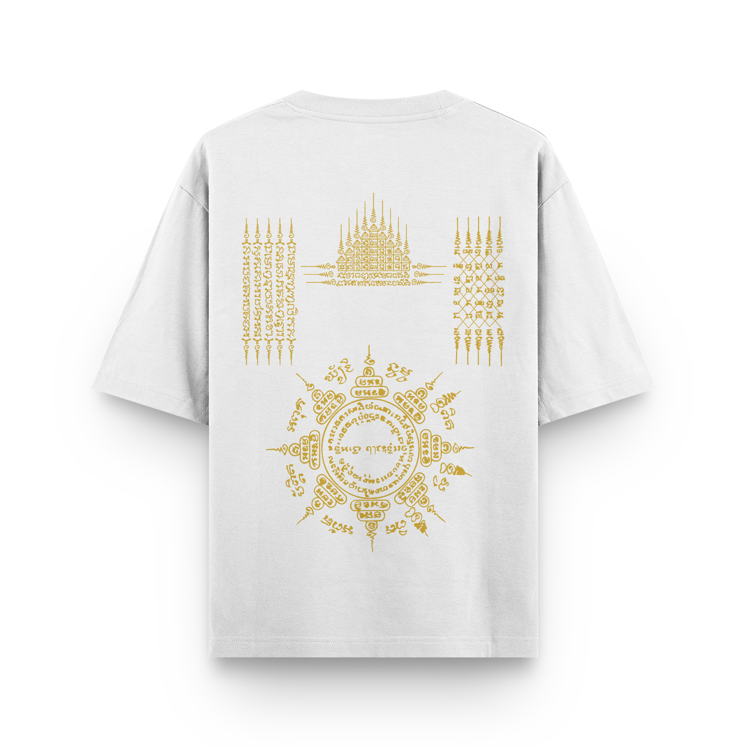White oversized unisex T-shirt featuring a bold Sak Yant sacred tattoo-inspired graphic on the back.