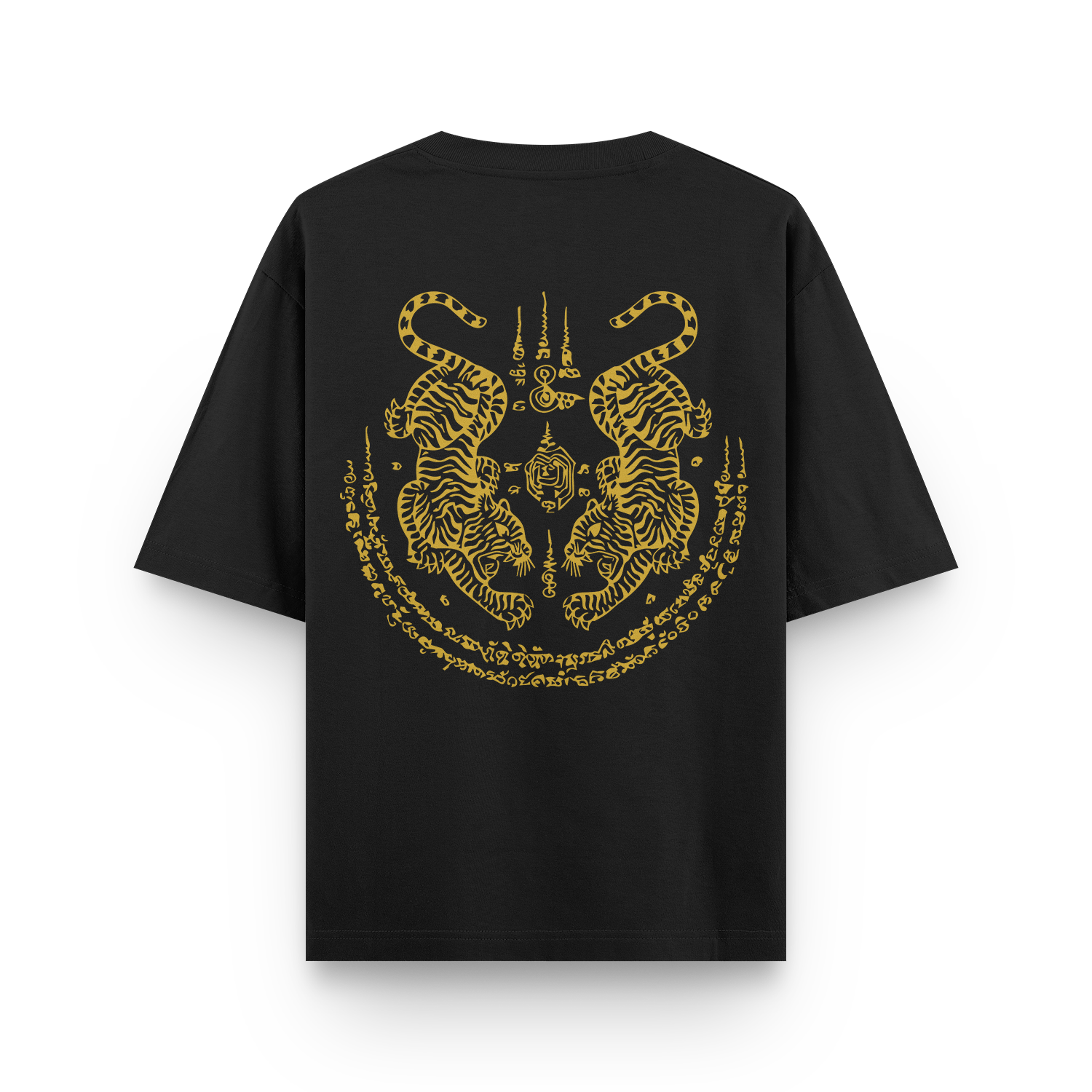 Back view of a black oversized unisex T-shirt featuring the Twin Tigers Sak Yant design.