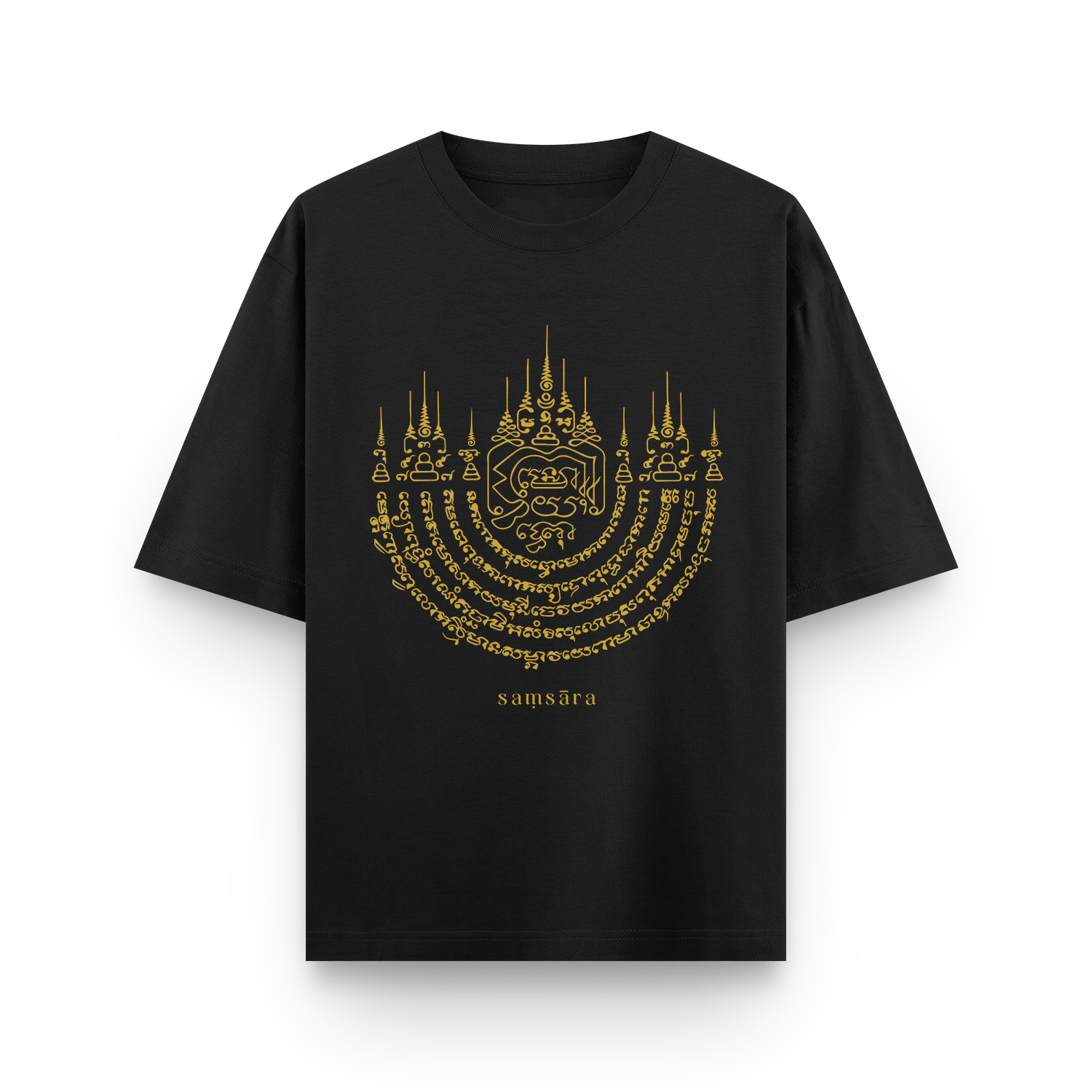 Front view of a black oversized unisex T-shirt with Soy Sung Warn sacred tattoo-inspired front design.