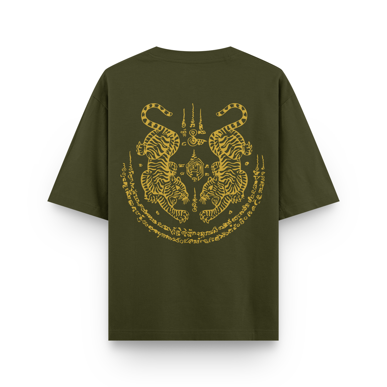 Back view of a olive green oversized unisex T-shirt featuring the Twin Tigers Sak Yant design.
