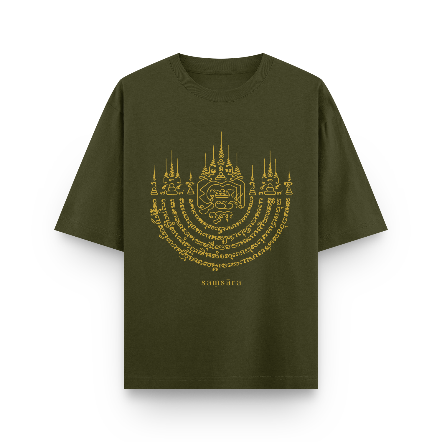 Front view of a olive green oversized unisex T-shirt with Soy Sung Warn sacred tattoo-inspired front design.