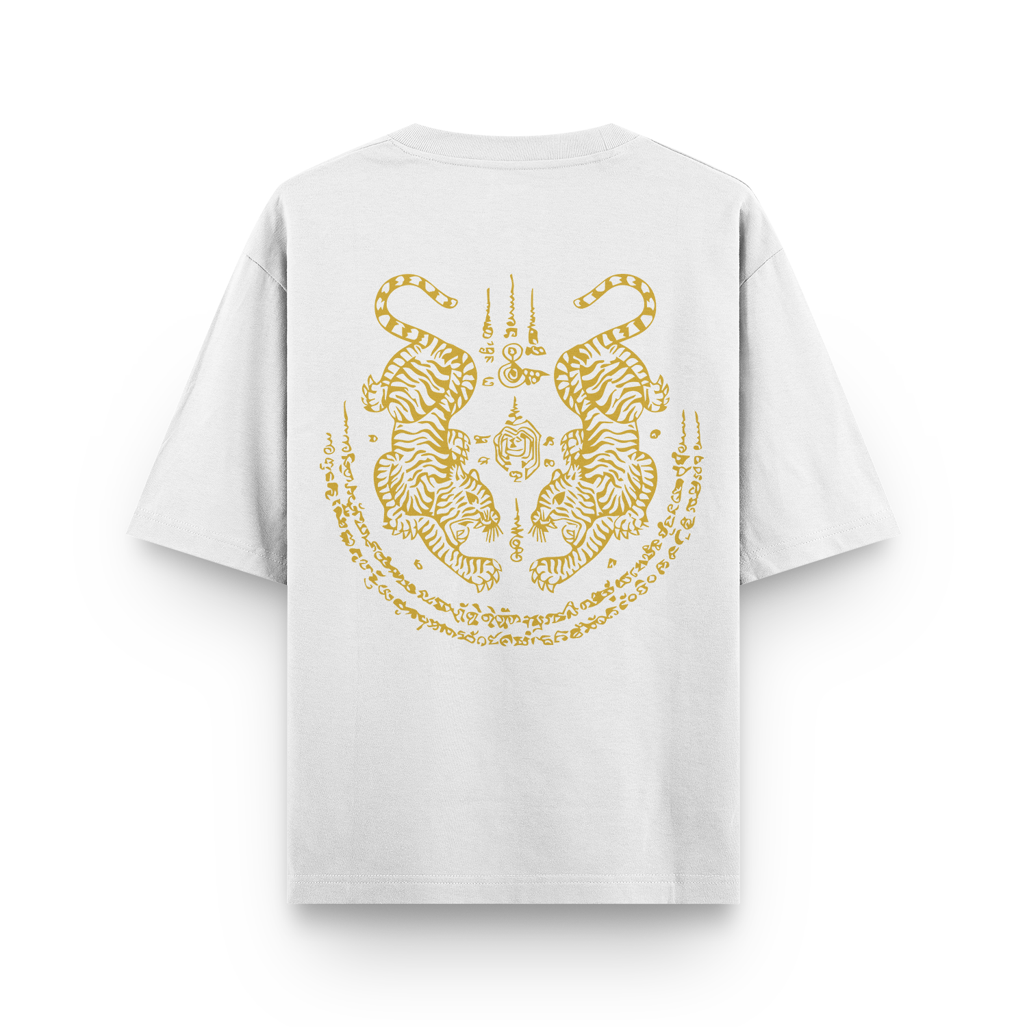 Back view of a white oversized unisex T-shirt featuring the Twin Tigers Sak Yant design.