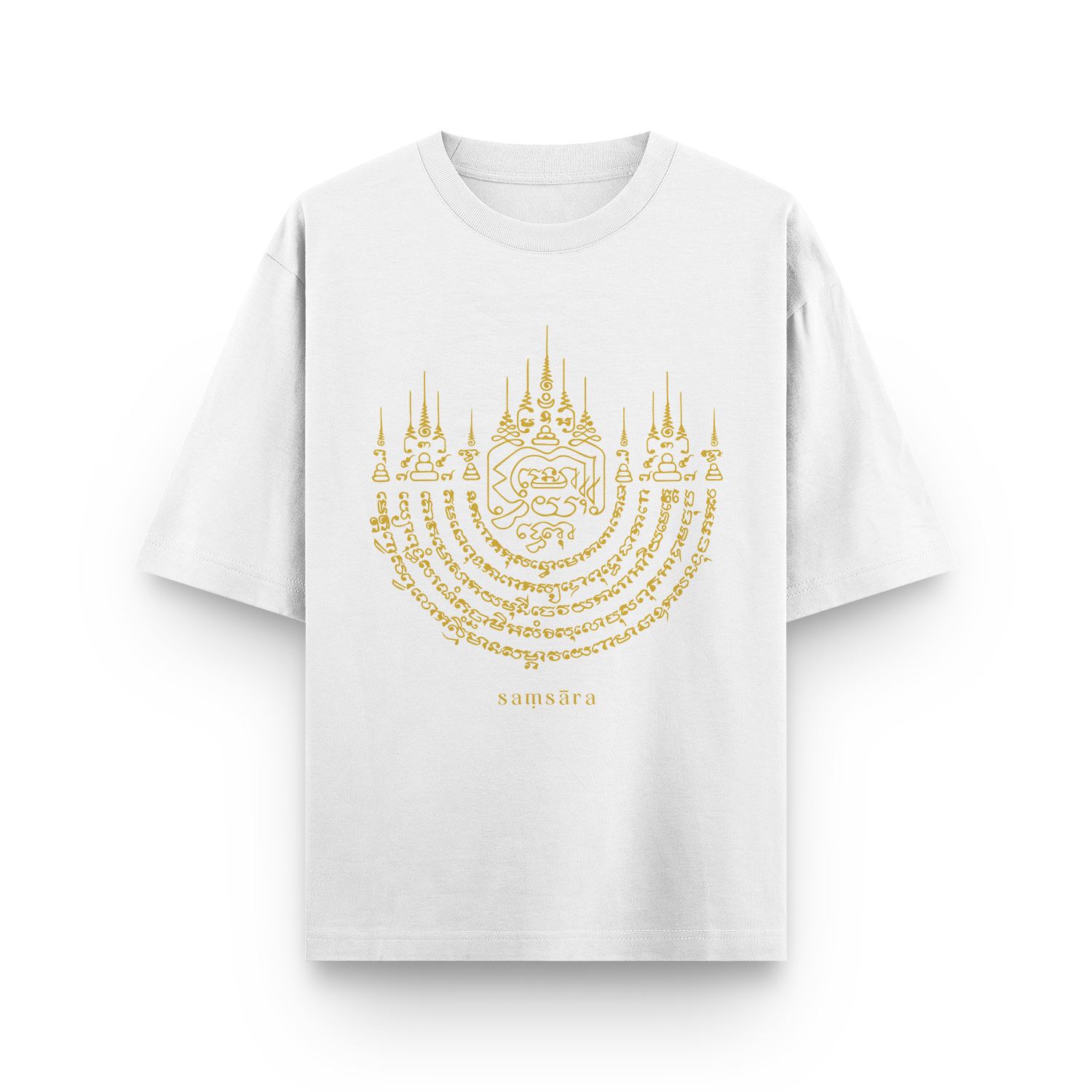Front view of a white oversized unisex T-shirt with Soy Sung Warn sacred tattoo-inspired front design.