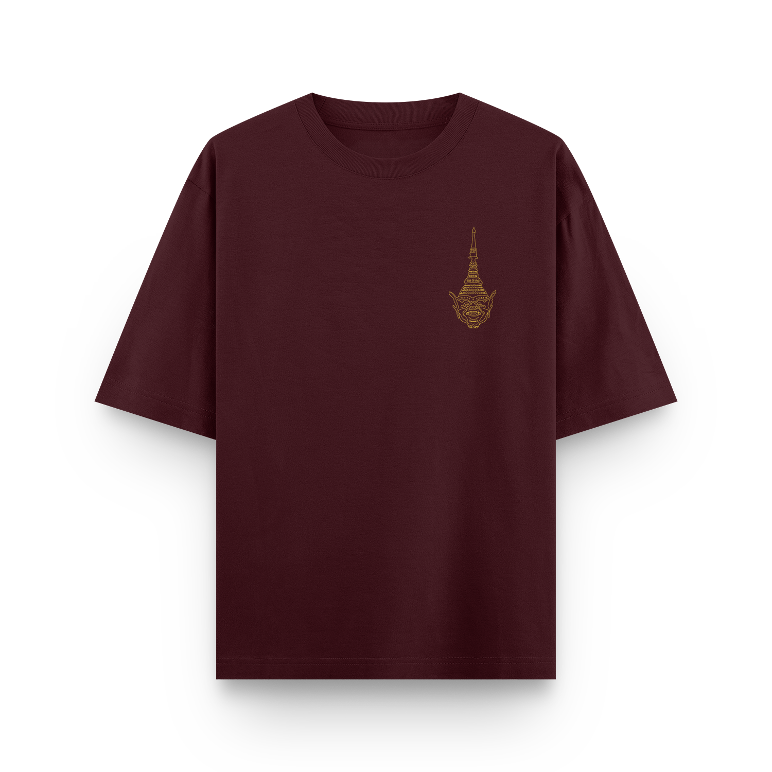 Maroon oversized unisex T-shirt with Khon Mask front design.