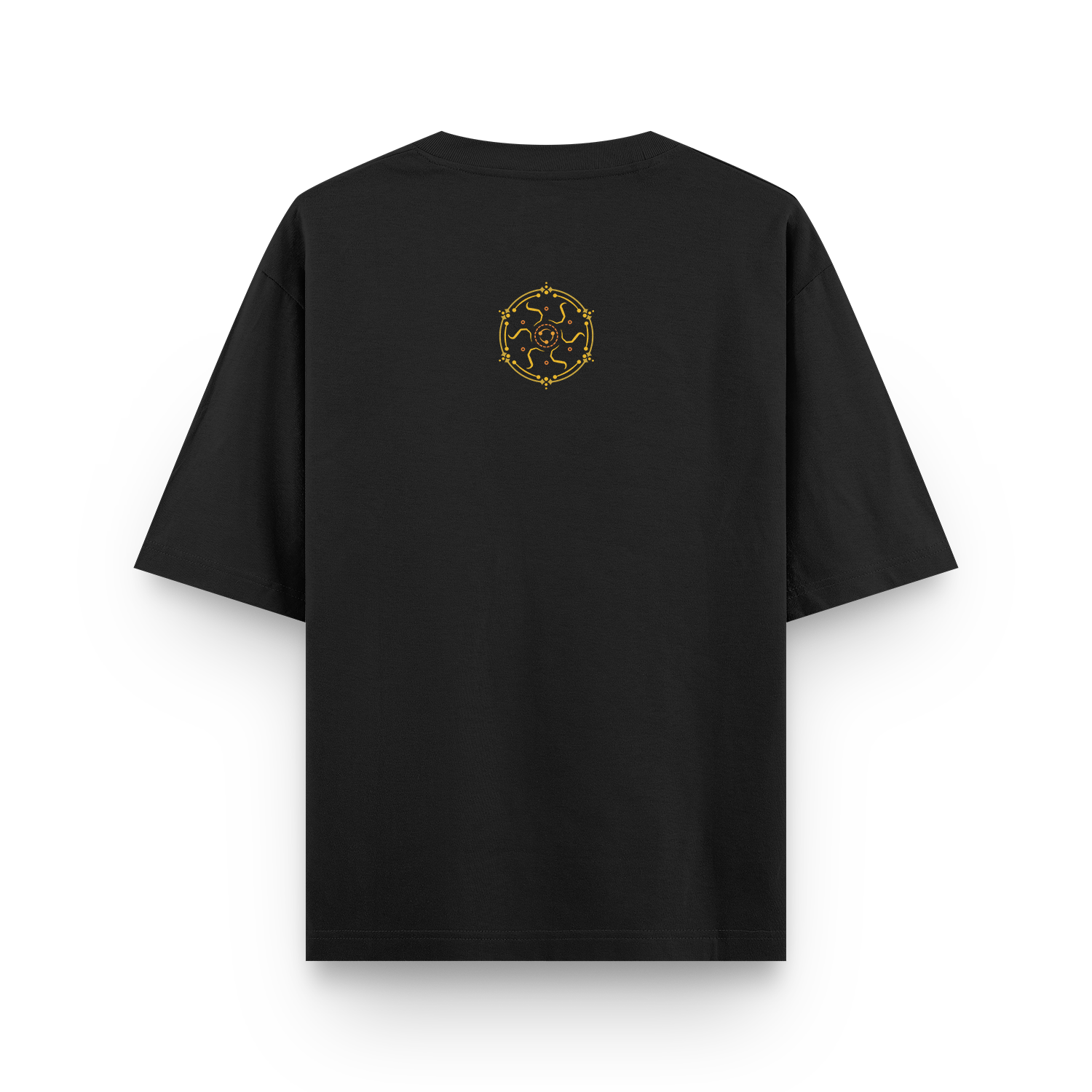 Black oversized T-shirt with Bhavachakra inspired back design.