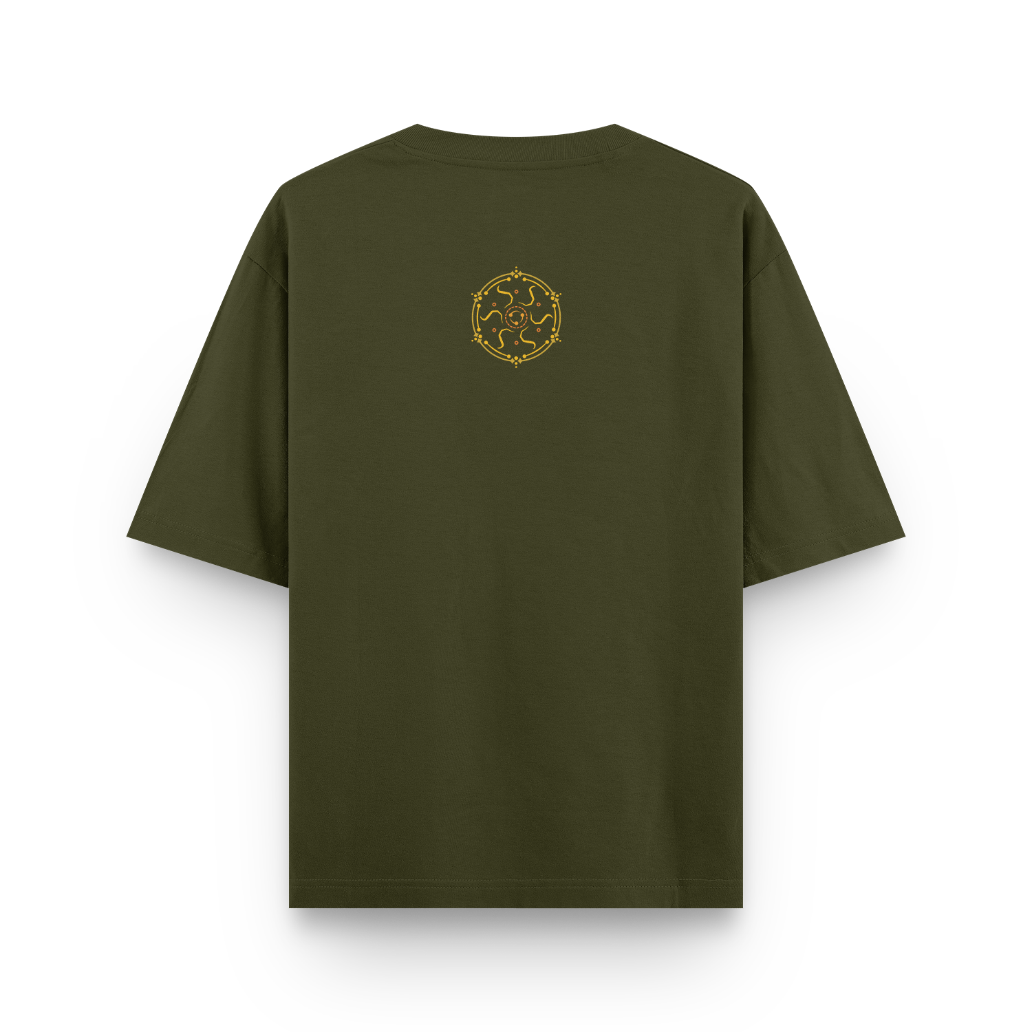 Olive green oversized T-shirt with Bhavachakra inspired back design.