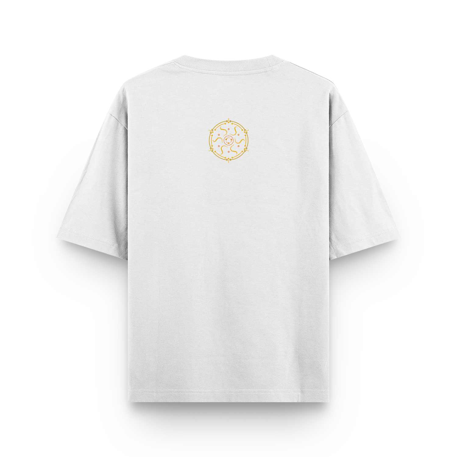 White oversized T-shirt with Bhavachakra inspired back design.