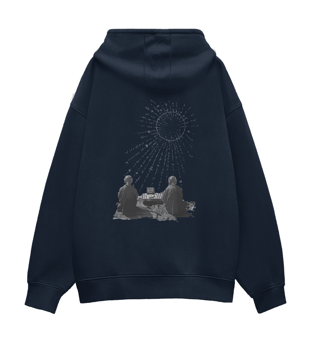 Back design of navy blue hoodie: 
The Turntable Altar. Two monks not just listening, but channeling.