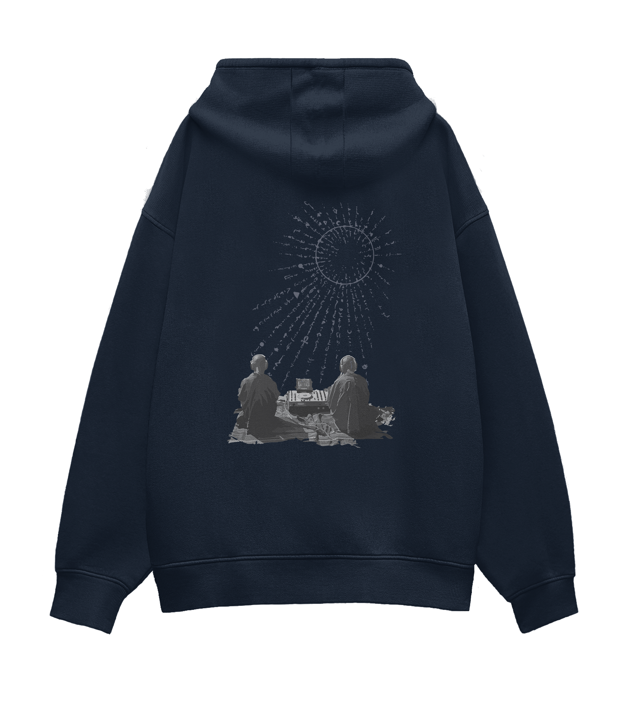 Back design of navy blue hoodie: 
The Turntable Altar. Two monks not just listening, but channeling.