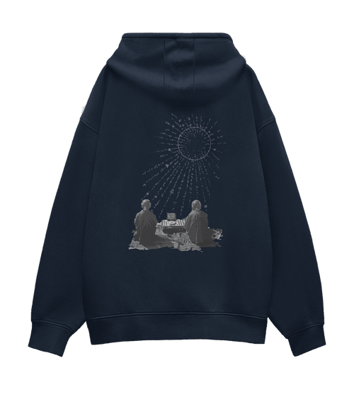 Back design of navy blue hoodie: 
The Turntable Altar. Two monks not just listening, but channeling.
