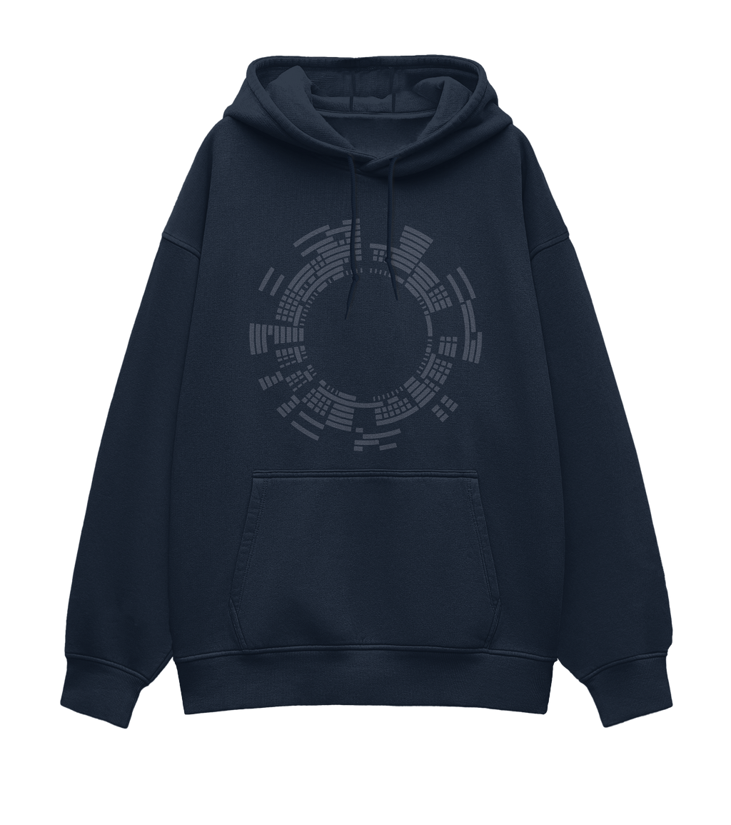 Front design of navy blue hoodie. A circular map inspired by the timeless resonance of Beethoven’s compositions. 