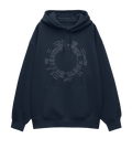Front design of navy blue hoodie. A circular map inspired by the timeless resonance of Beethoven’s compositions. 