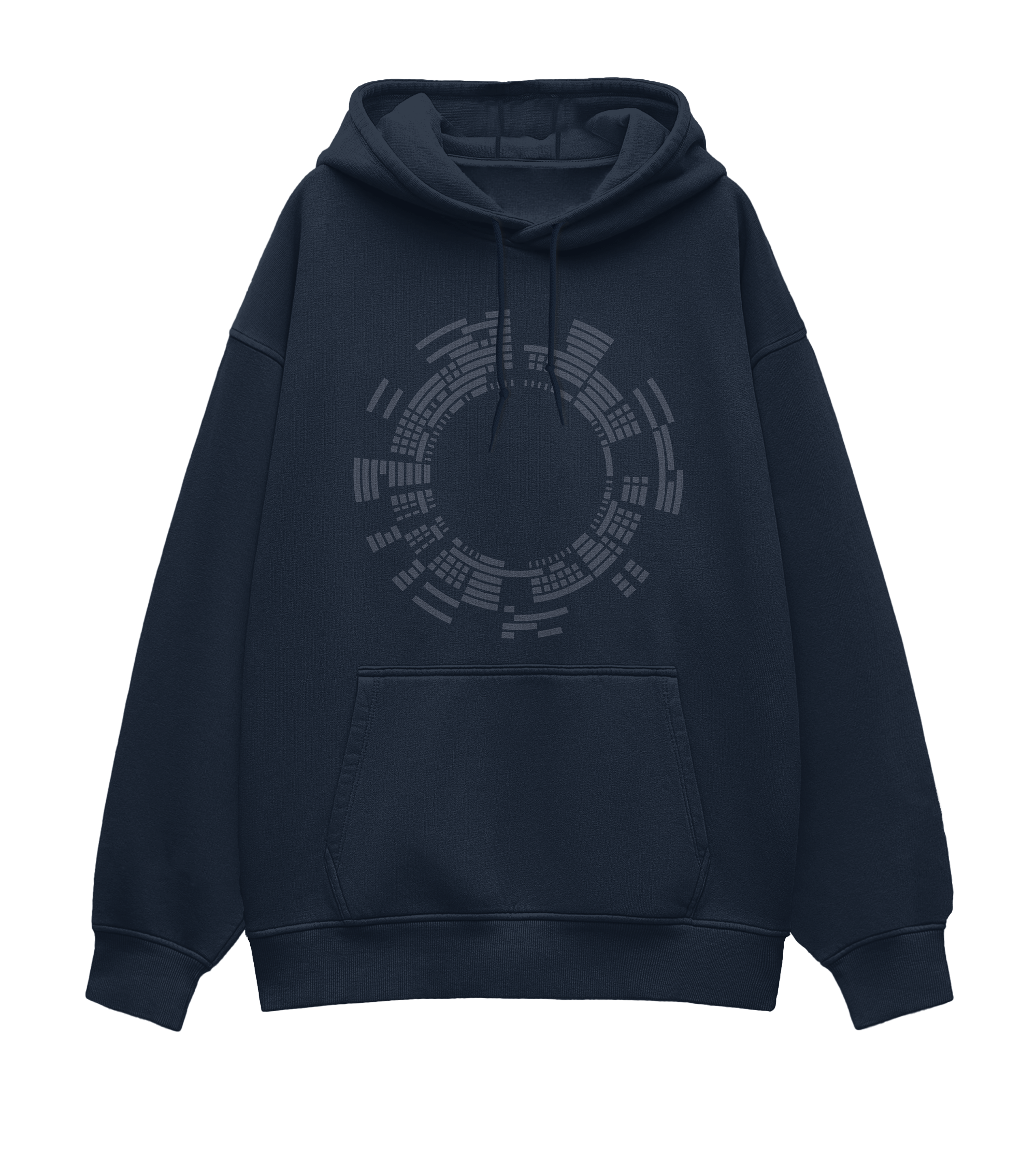 Front design of navy blue hoodie. A circular map inspired by the timeless resonance of Beethoven’s compositions. 