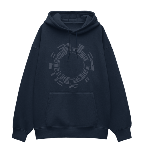 Front design of navy blue hoodie. A circular map inspired by the timeless resonance of Beethoven’s compositions. 