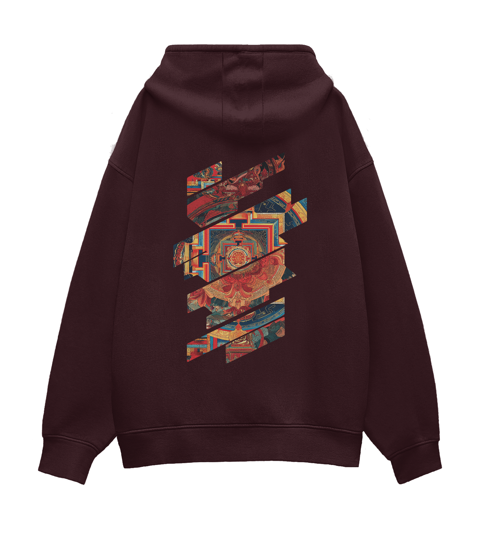Back view of maroon oversized hoodie. The design shows the traditional mandala, the sacred symbol of wholeness and cosmic order, and broken it open into shard-like, vertical segments.